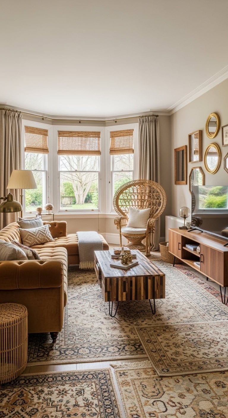 Eclectic living room with mixed wood finishes and beige textures