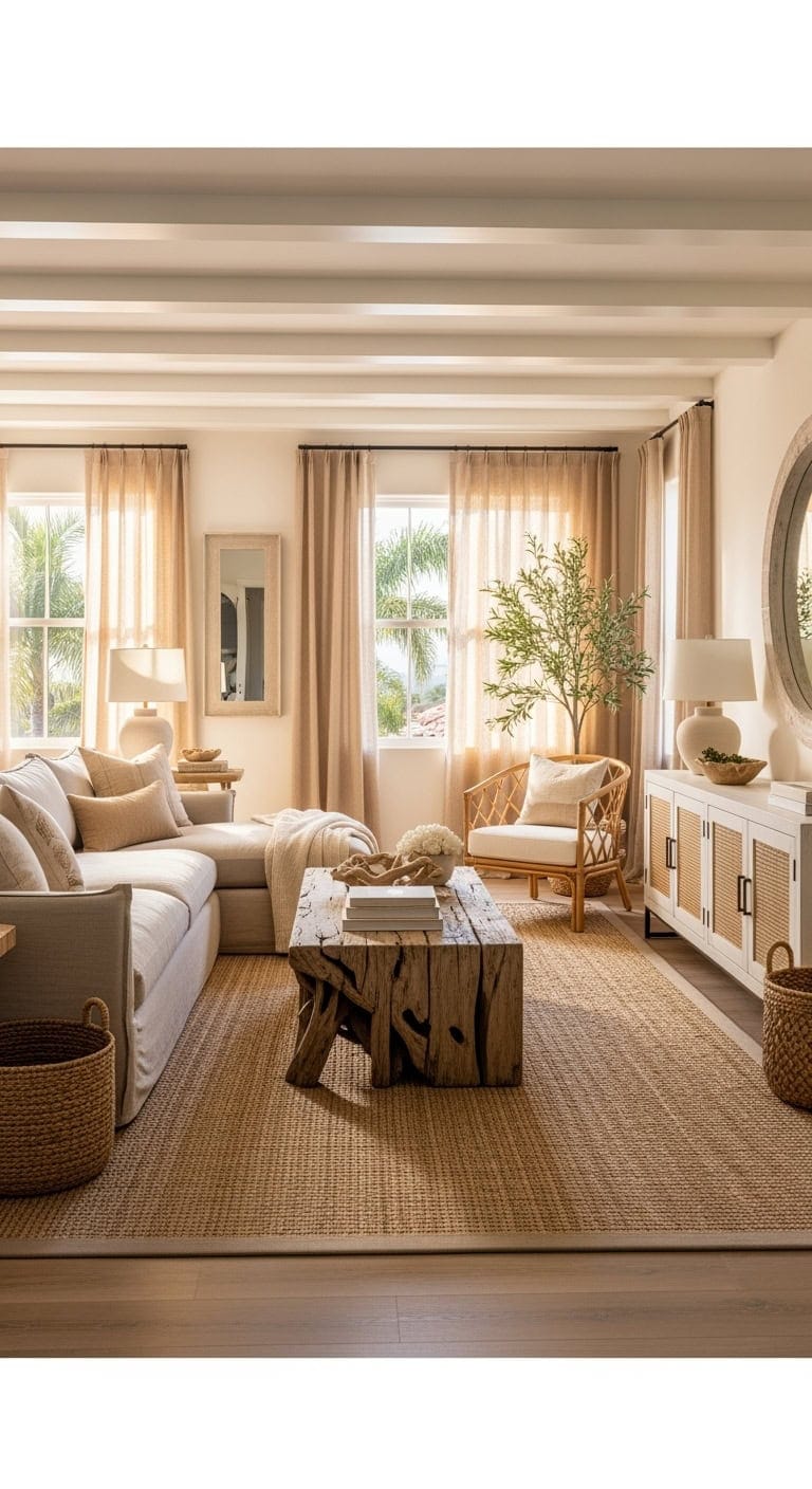 California casual living room with sun-bleached wood and beige linens