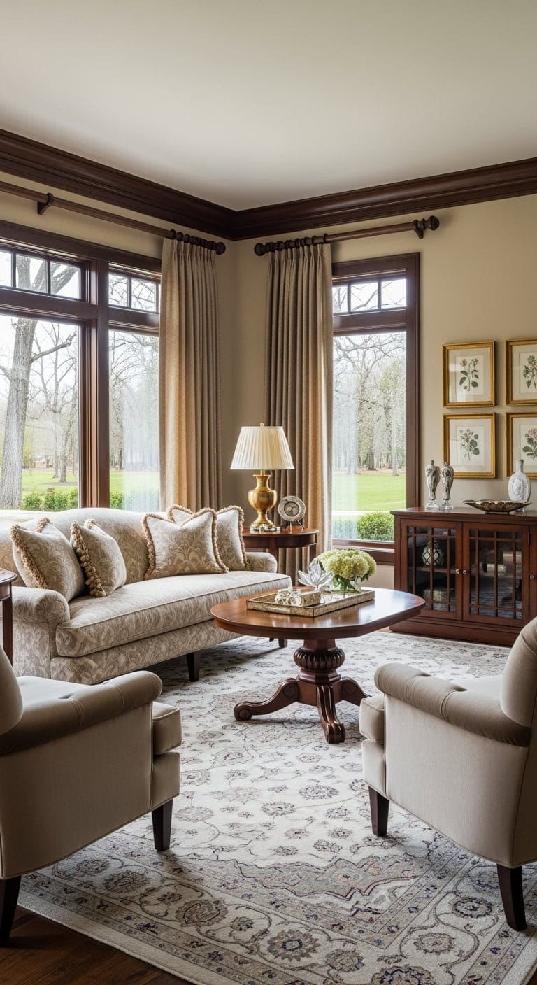Traditional living room with dark wood trim and beige damask