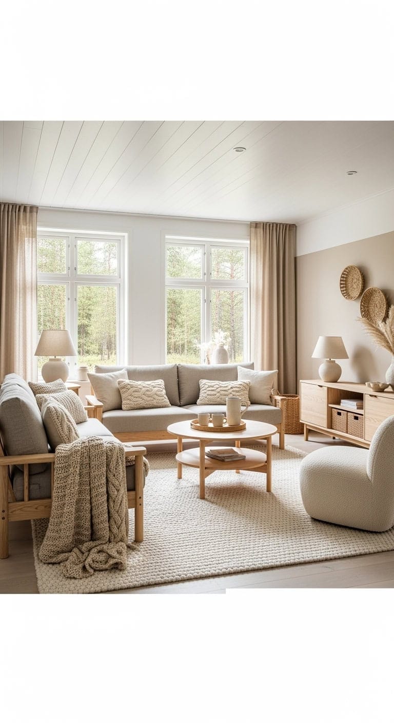 Nordic hygge living room with pine wood and knit pillows