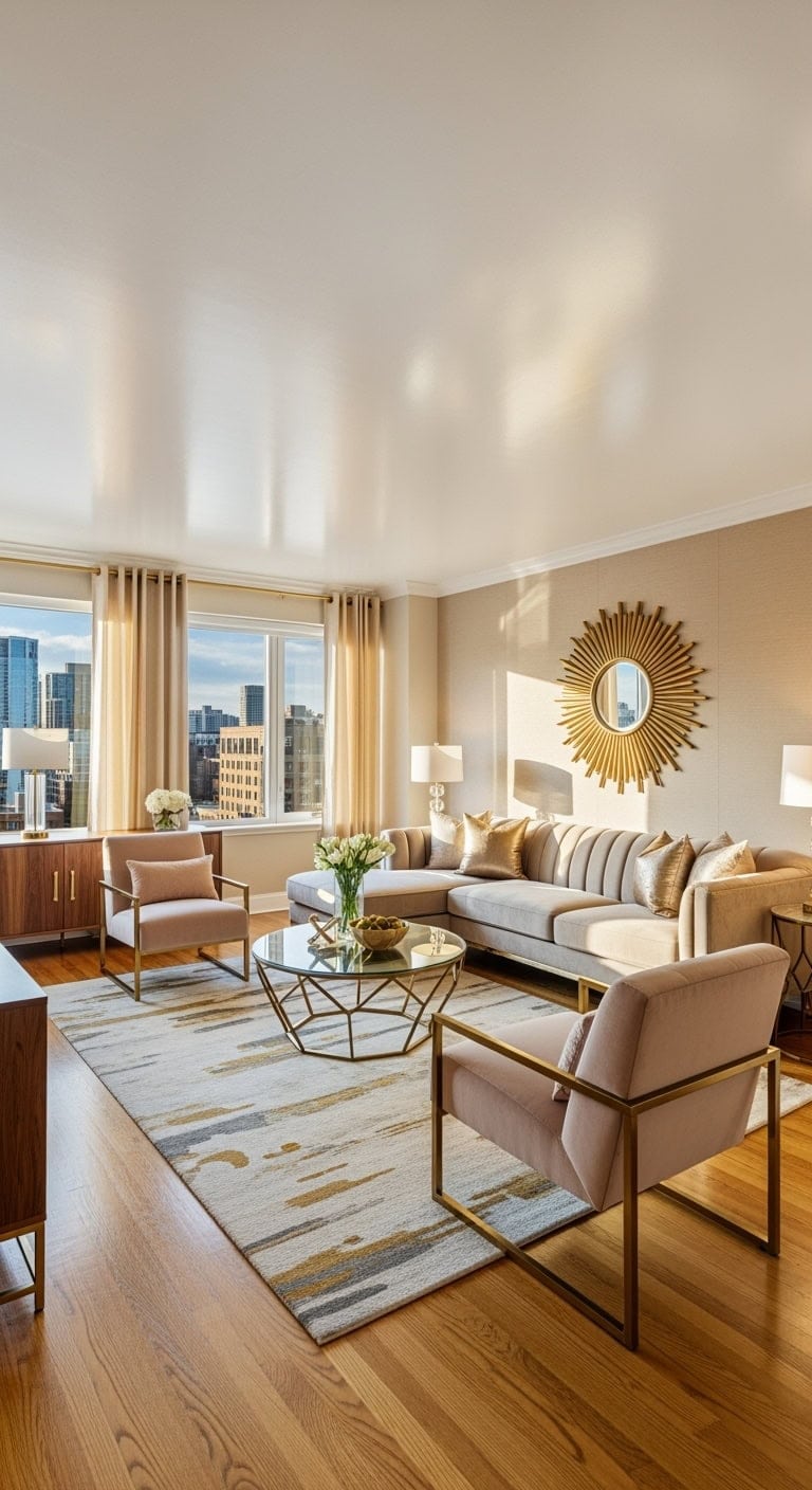 Champagne glam living room with metallic beige and gold accents