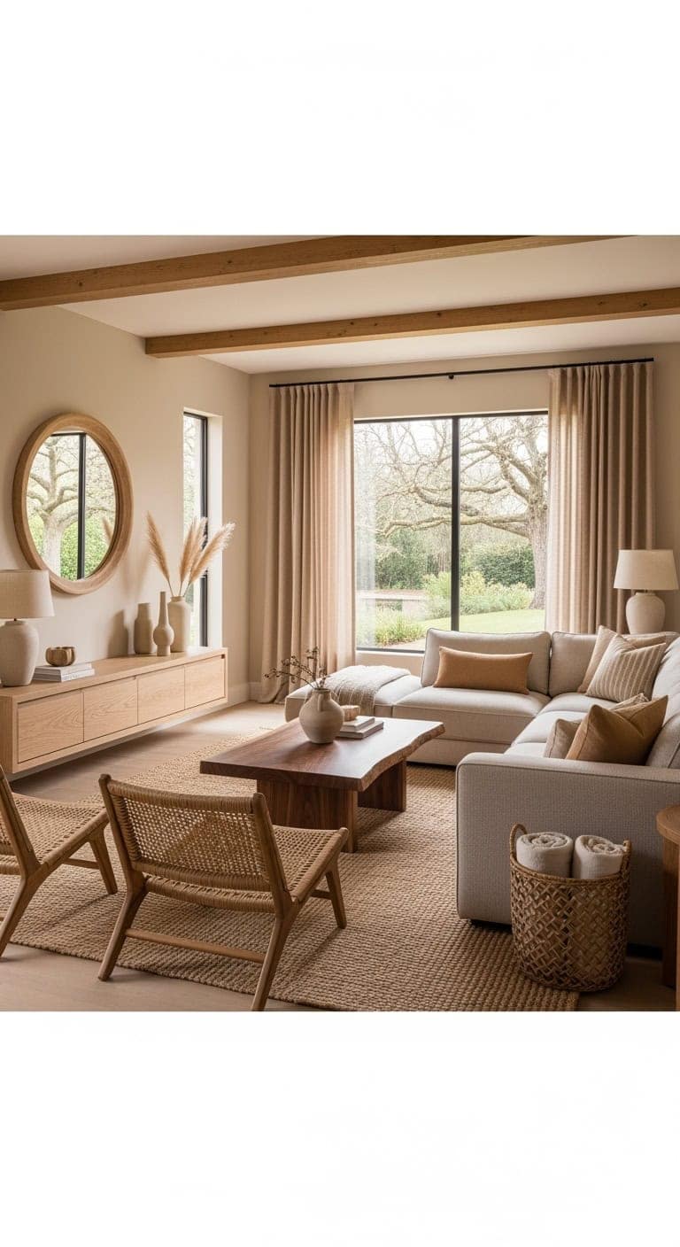 Organic modern living room with live-edge wood and beige fibers