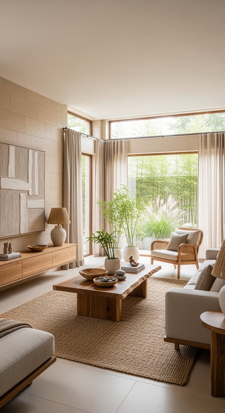 Zen inspired living room with teak wood and beige stone
