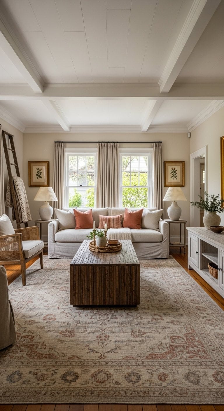 Vintage revival living room with distressed wood and antique rugs