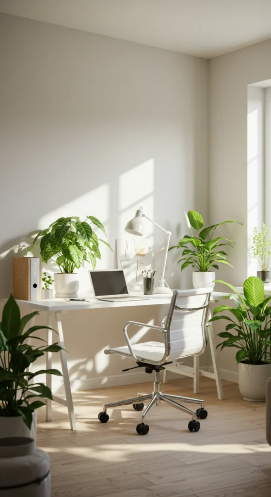 Bright home office with natural light and plants