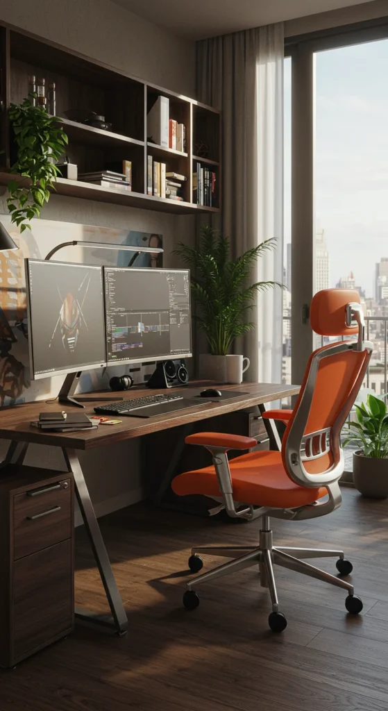 Home office layout with separate zones for work and collaboration