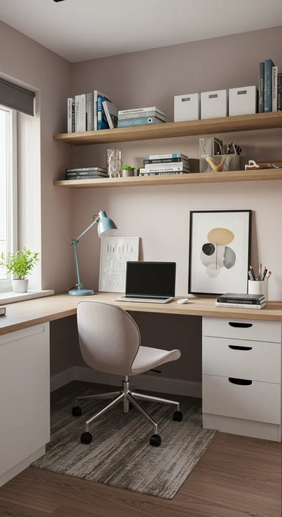Home office with shelves and storage units