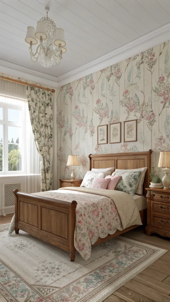 Vintage floral wallpaper in bedroom