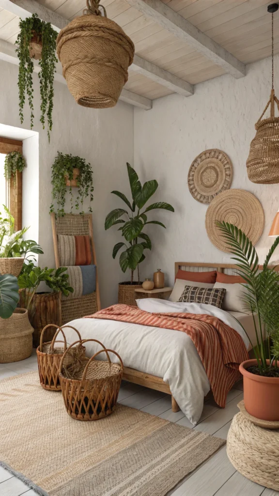 Earthy decor accents including woven baskets and terracotta pots