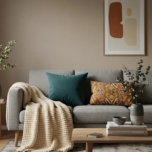Layered cushions and throws in a cozy living room