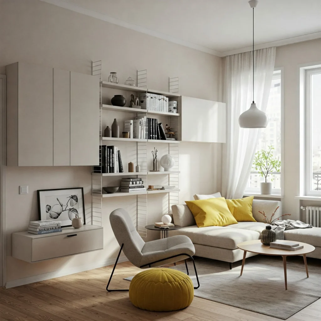 Compact cozy living room with smart furniture