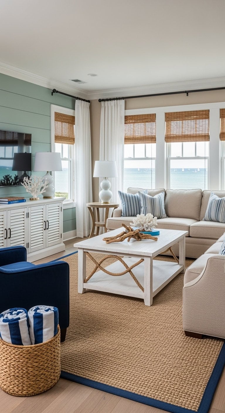 coastal living room with sand and blue accents