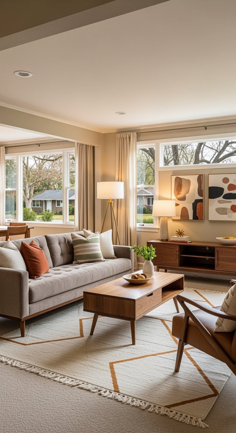 mid-century modern taupe sofa with walnut legs