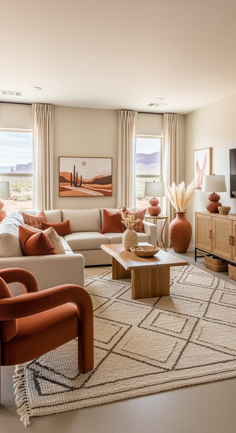 desert modern living room with warm beige and terracotta