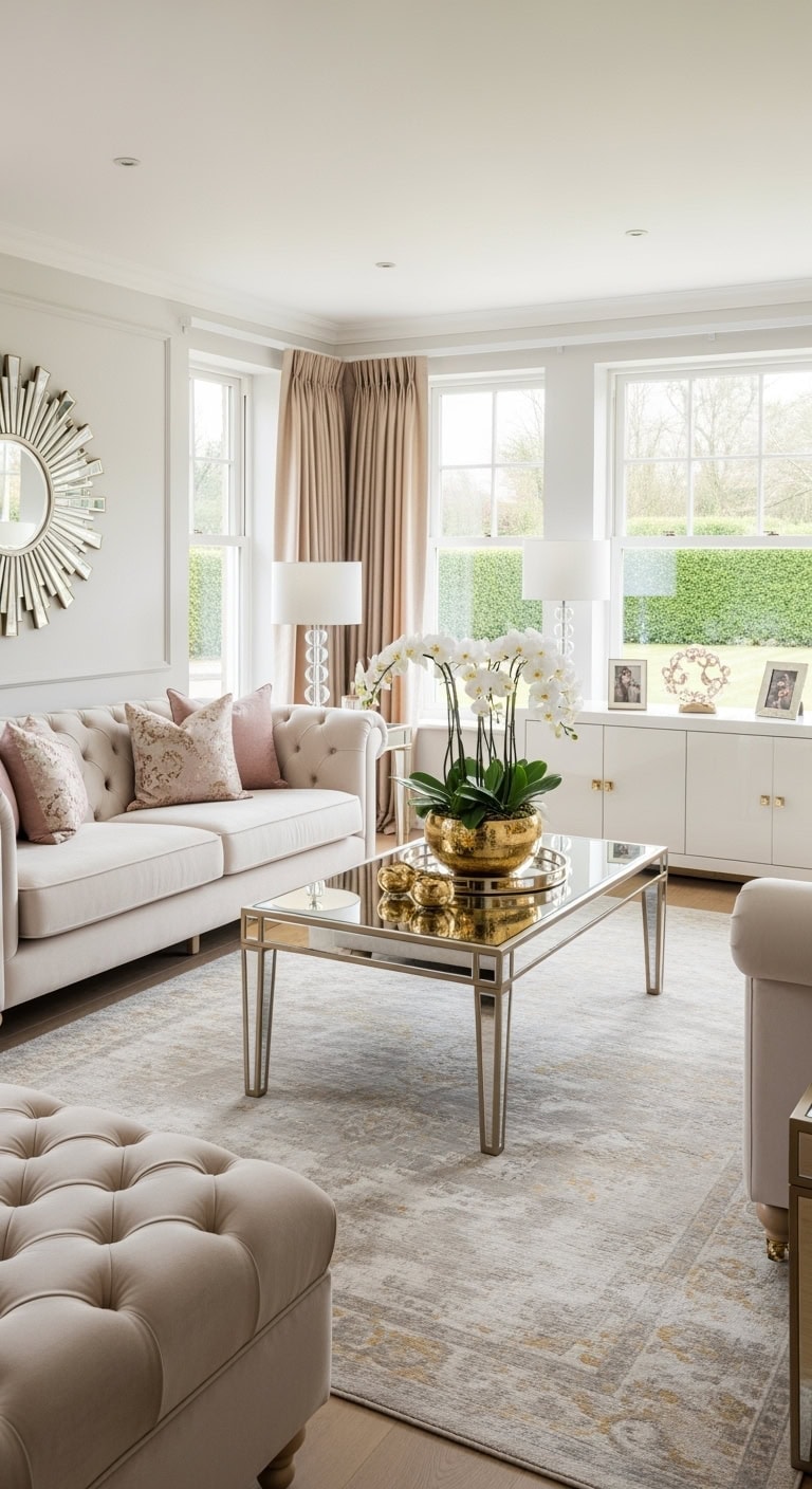 glam beige tufted ottoman living room