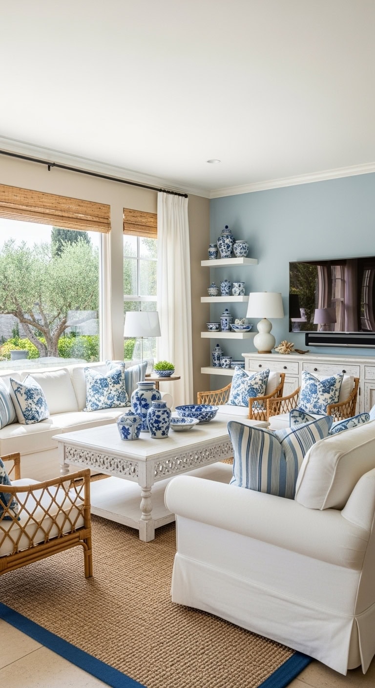 mediterranean cream and blue living room