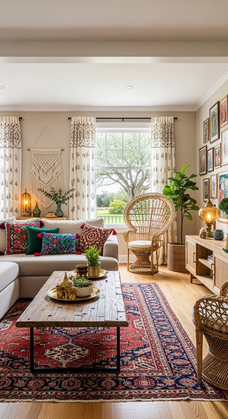 eclectic bohemian living room with beige sofa
