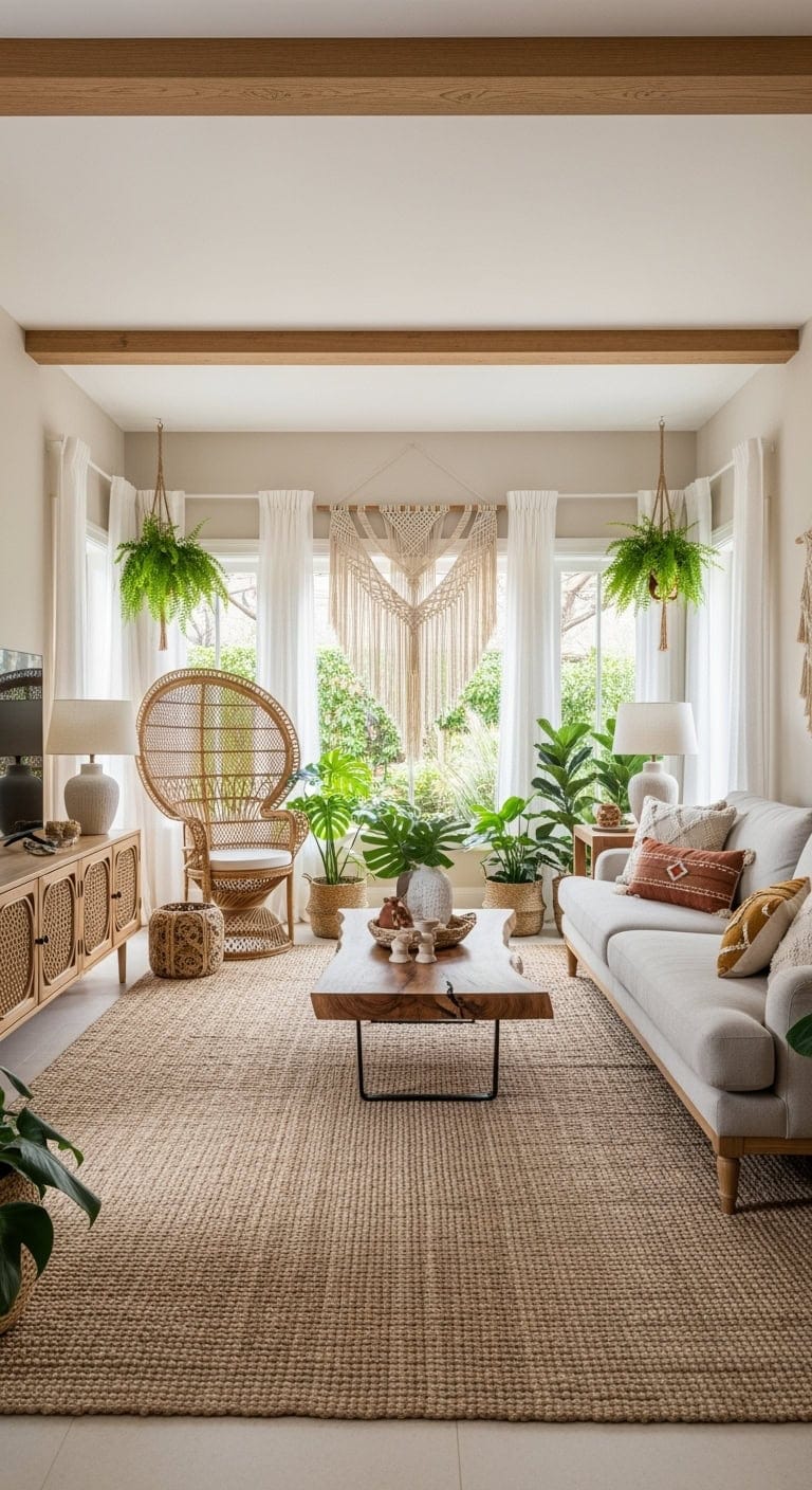 bohemian living room with beige rug and plants