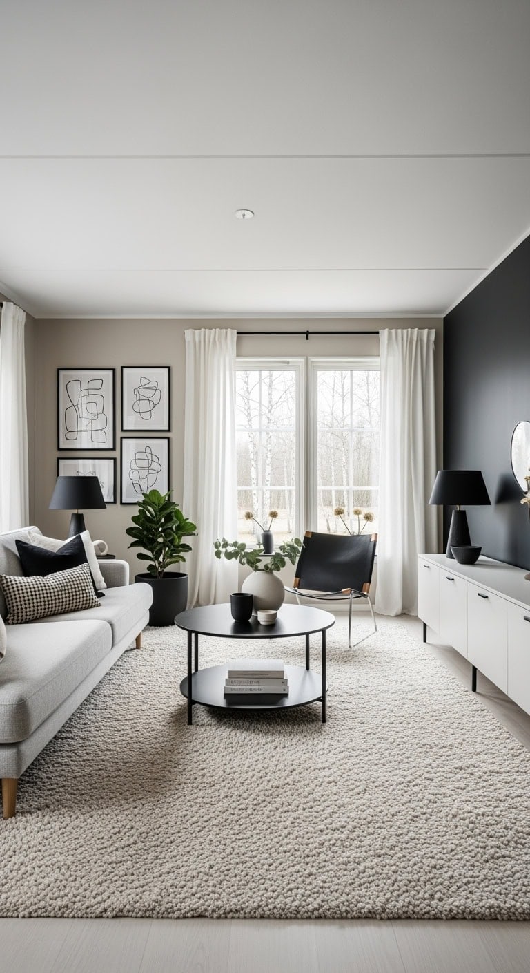 scandinavian minimalist living room with beige rug