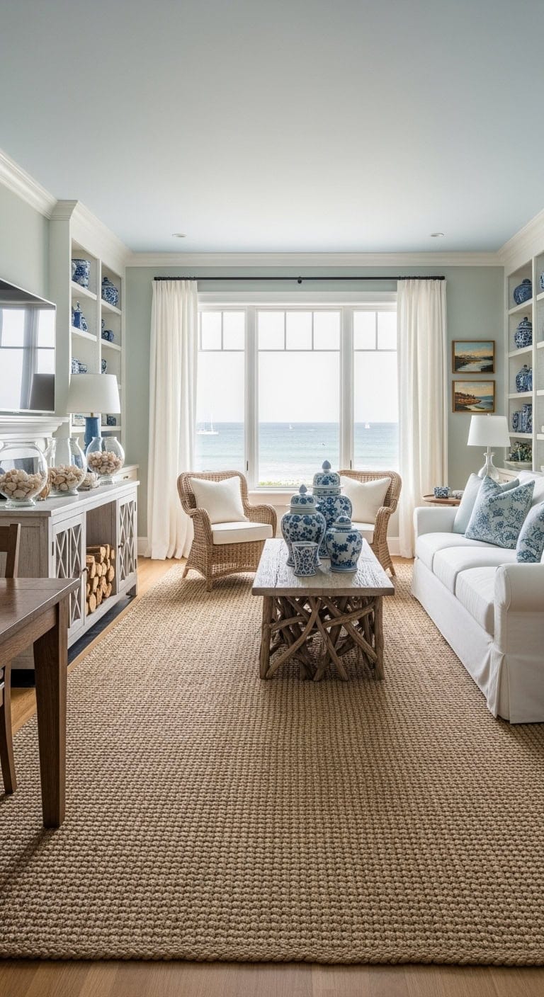 coastal living room with beige rug and ceramics