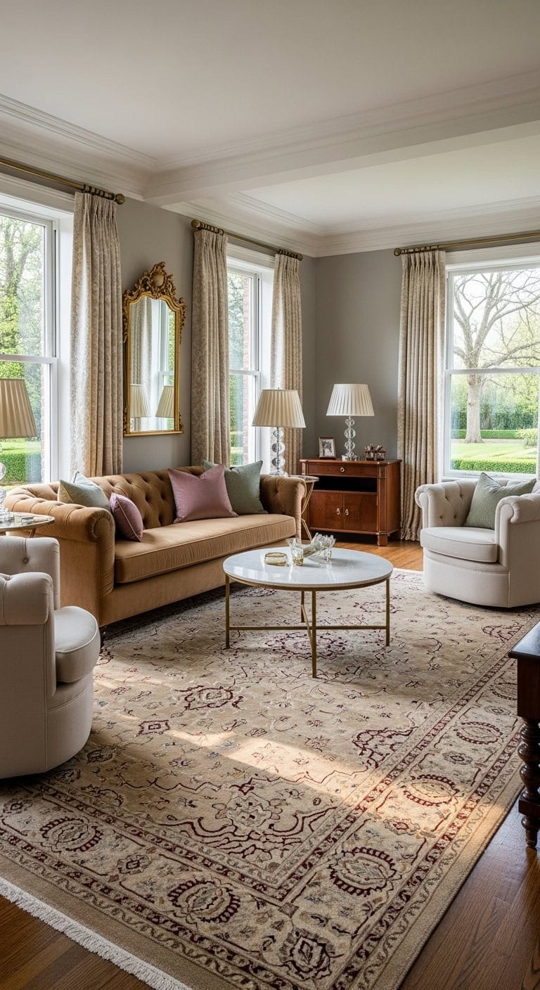elegant living room with Persian rug and tufted sofa