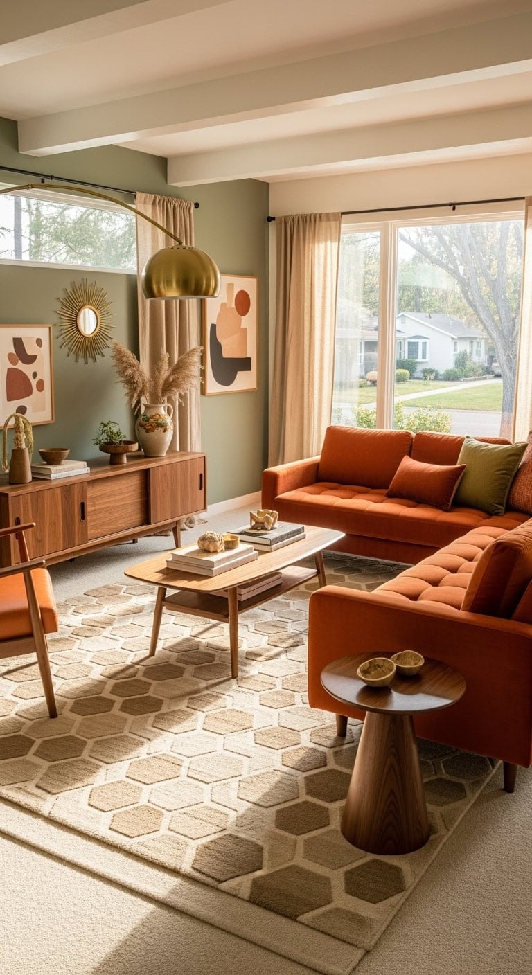 mid-century modern living room with beige rug