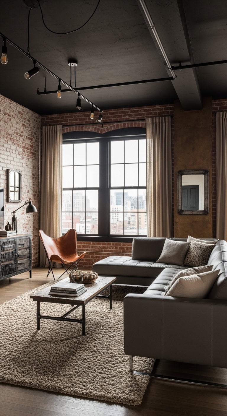 industrial loft living room with beige rug