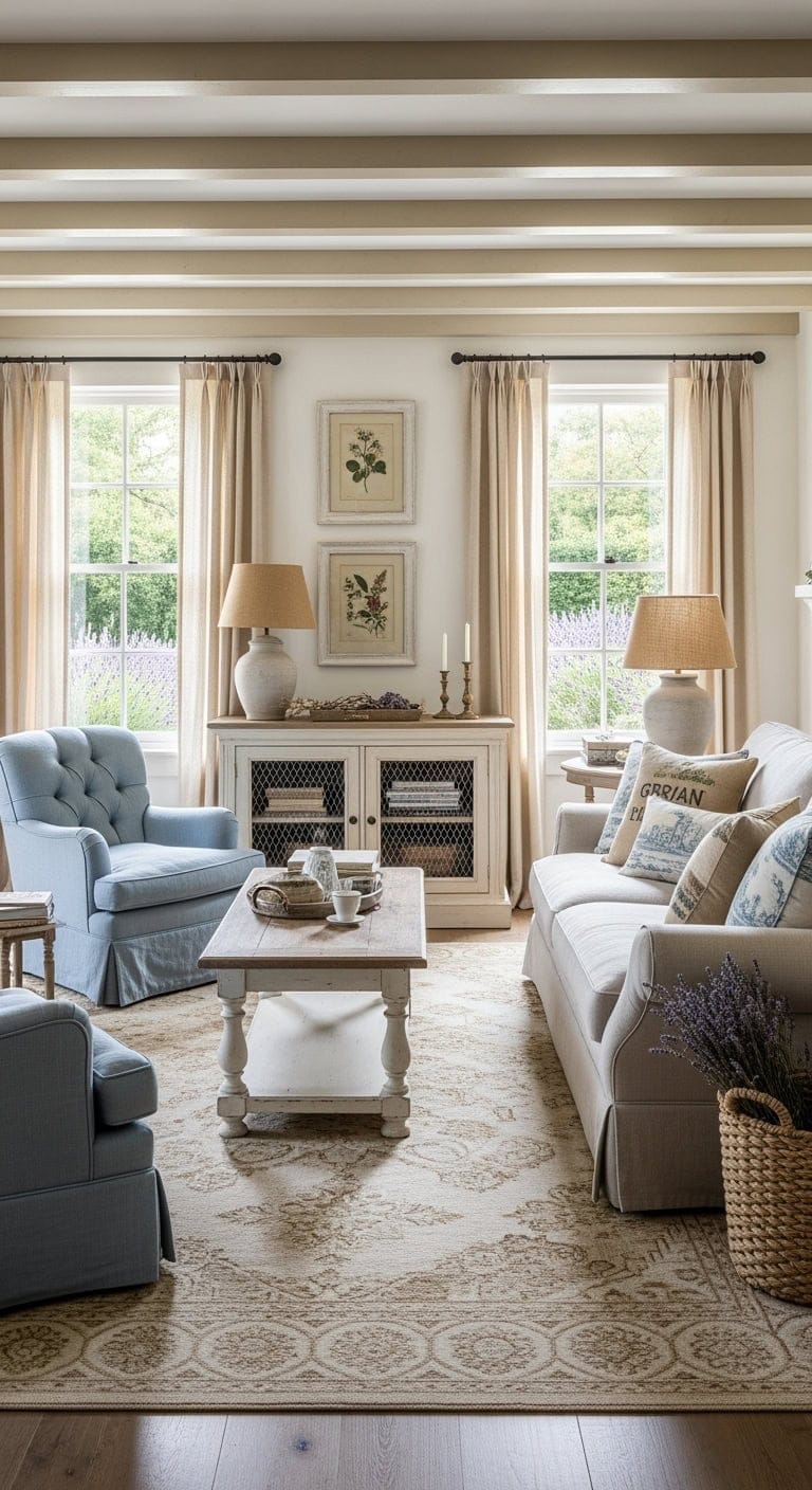 french country living room with beige rug