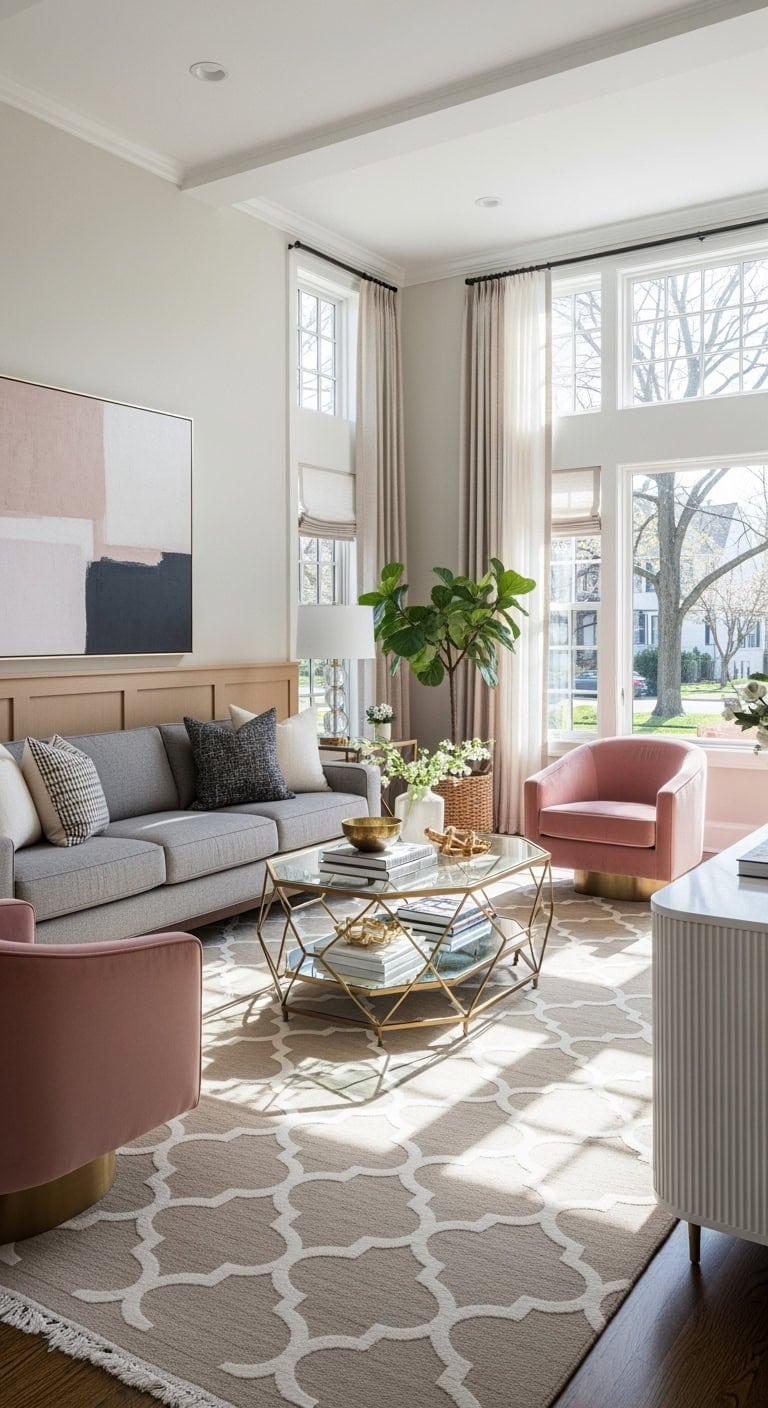 transitional living room with beige moroccan rug