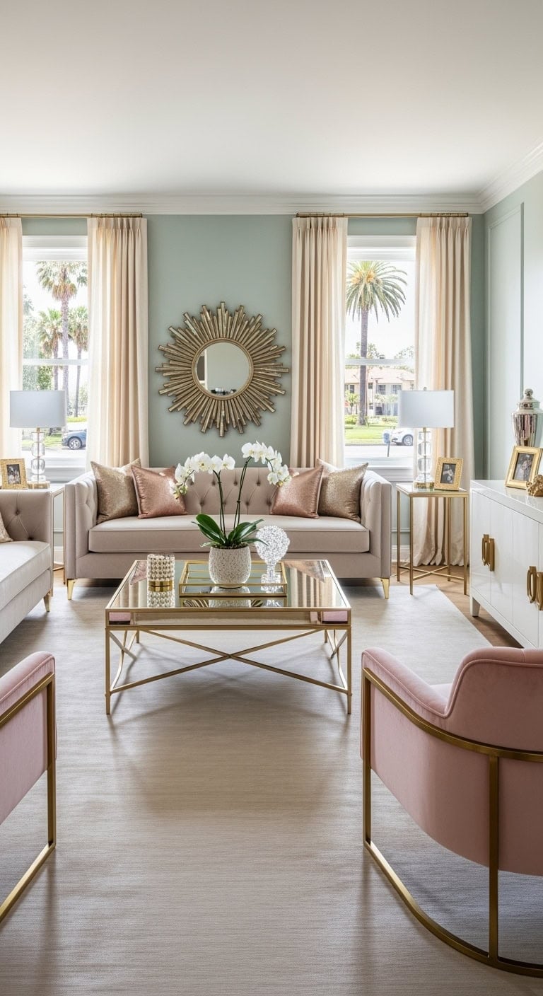 glamorous living room with beige silk rug