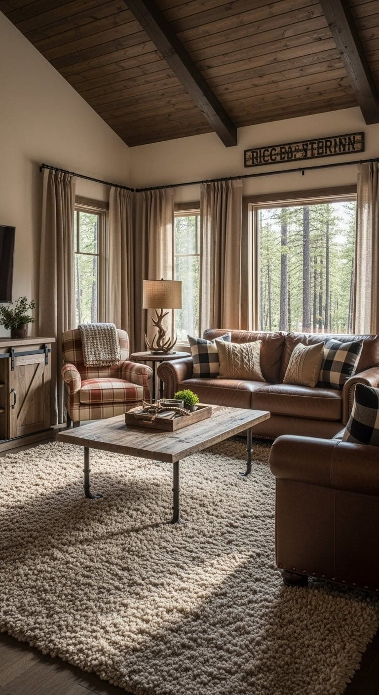 rustic cabin living room with beige shag rug