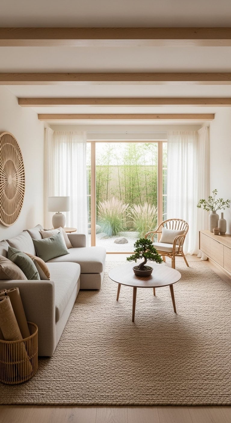 japandi style living room with beige rug