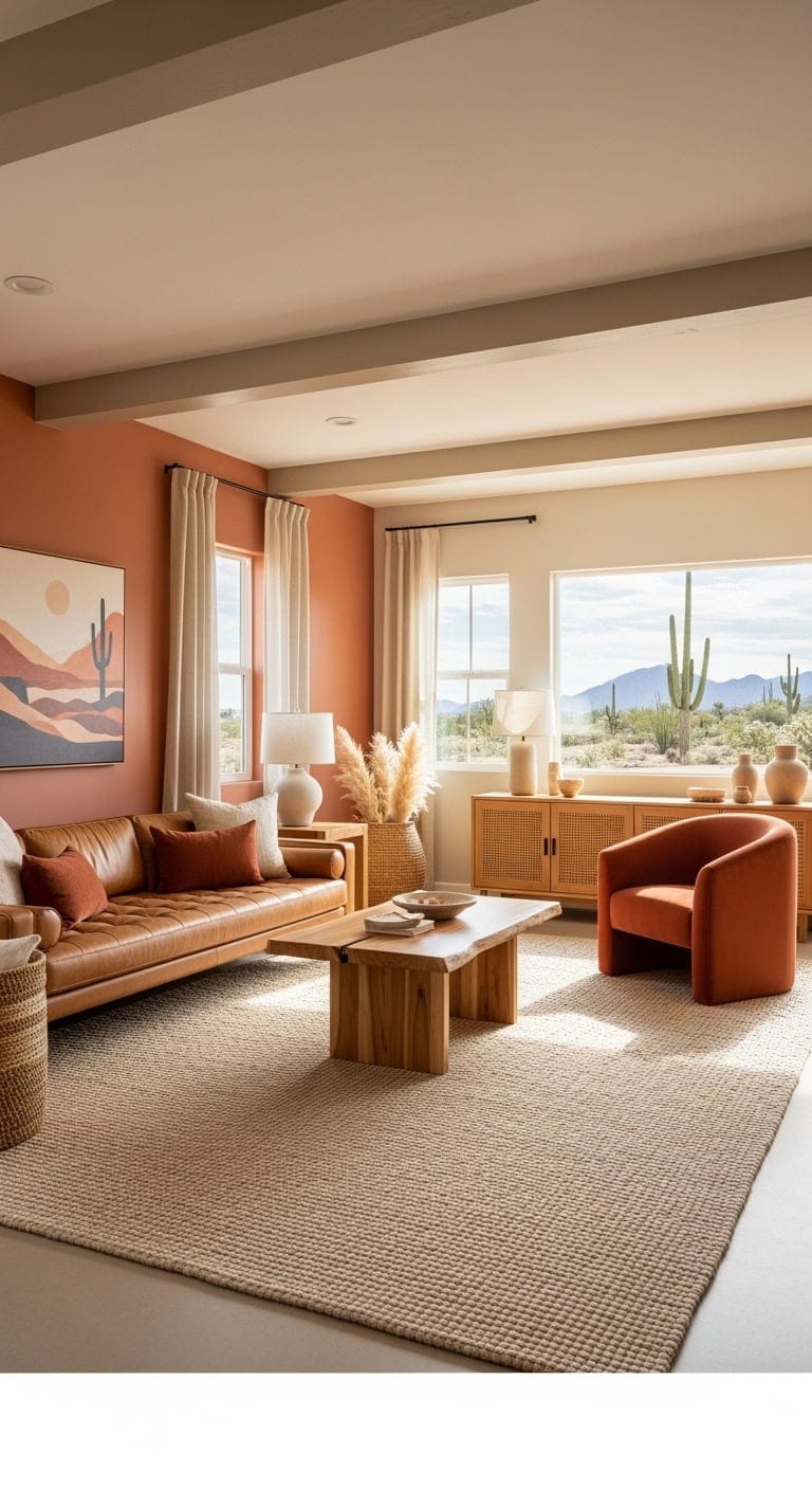 desert modern living room with beige rug