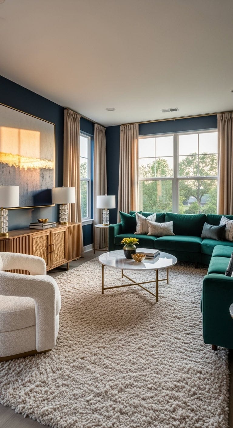 luxury living room with velvet sectional and beige rug
