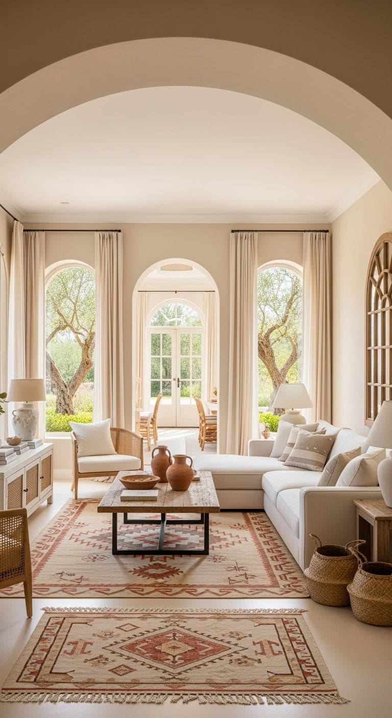 mediterranean style living room with beige kilim rug