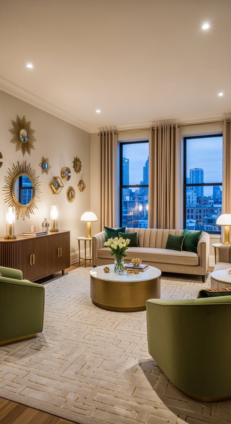 art deco living room with beige geometric rug