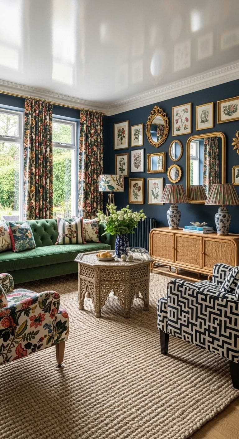 maximalist living room with beige rug