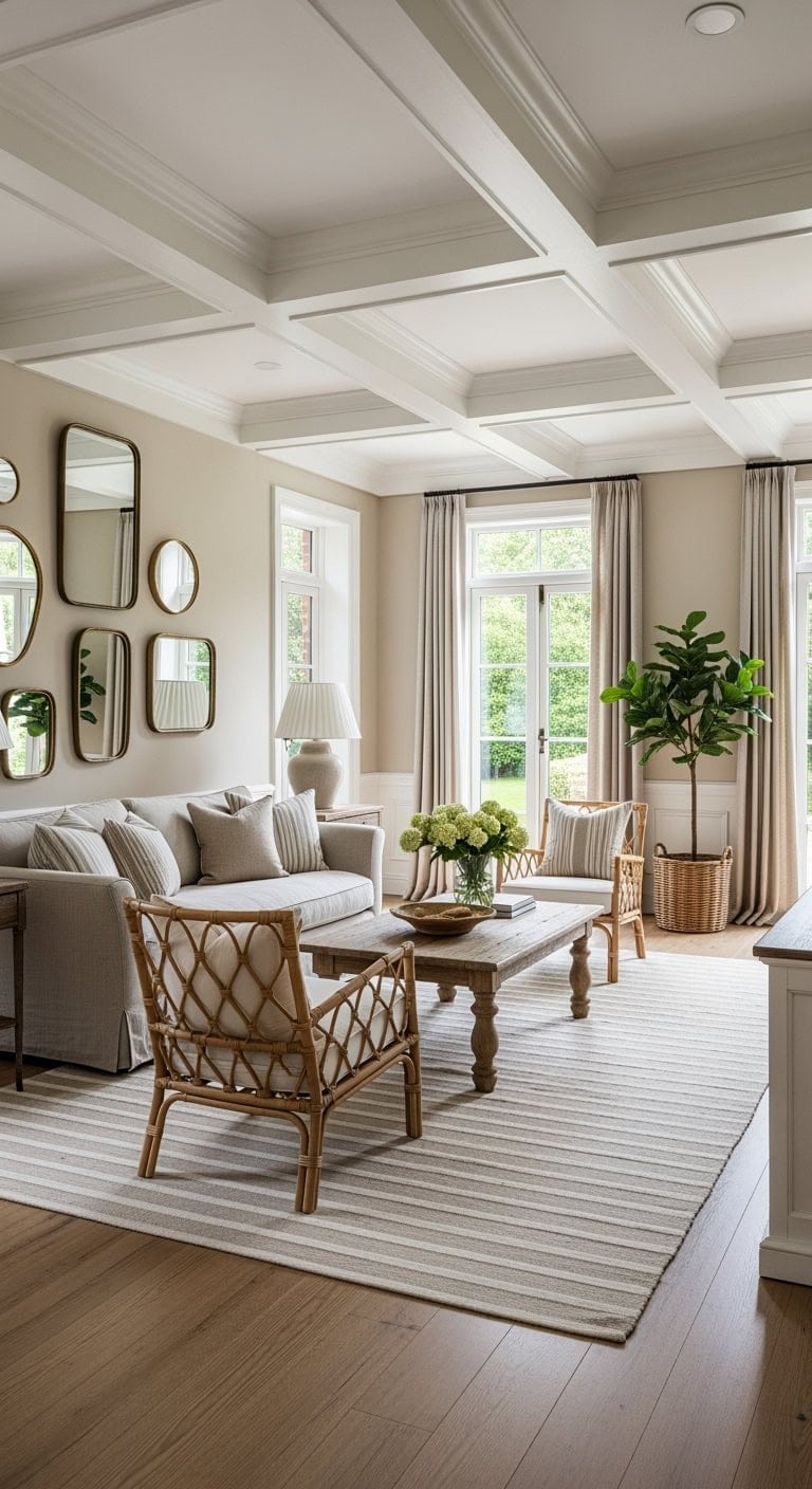 modern colonial living room with beige striped rug