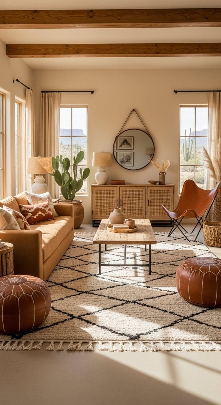 southwestern chic living room with beige rug