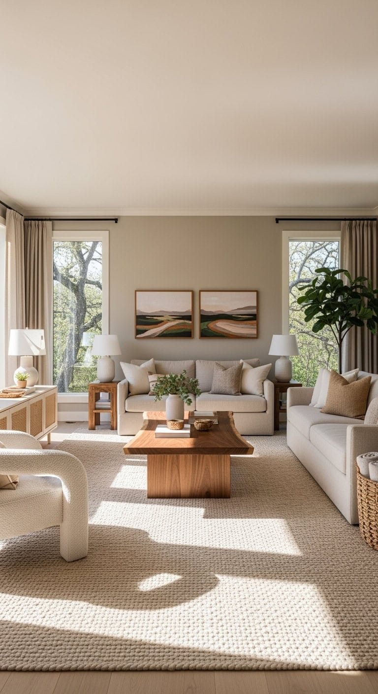 organic modern living room with beige rug