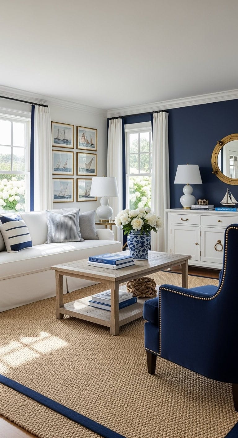 preppy coastal living room with navy stripes