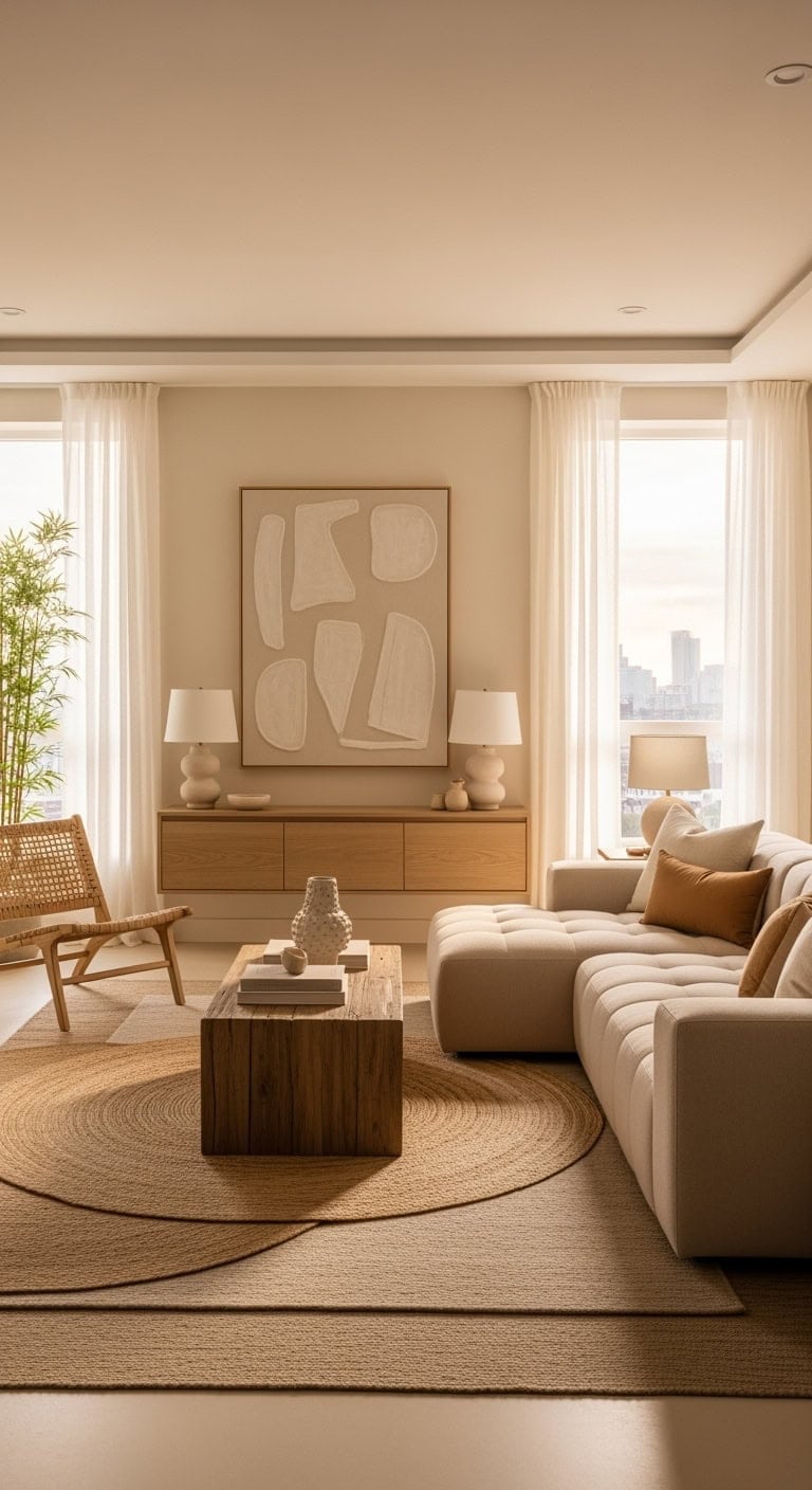 urban zen living room with layered beige rugs