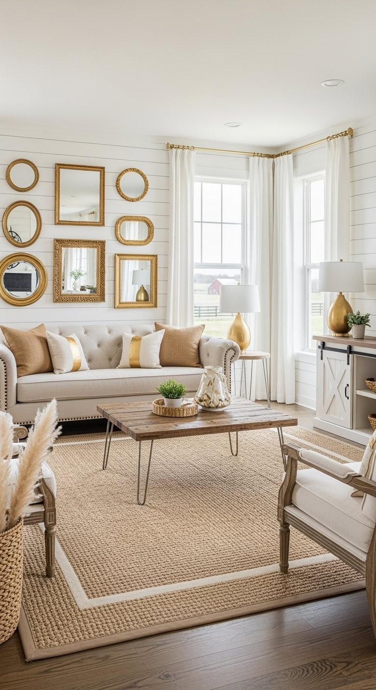 shiplap walls with gold mirrors