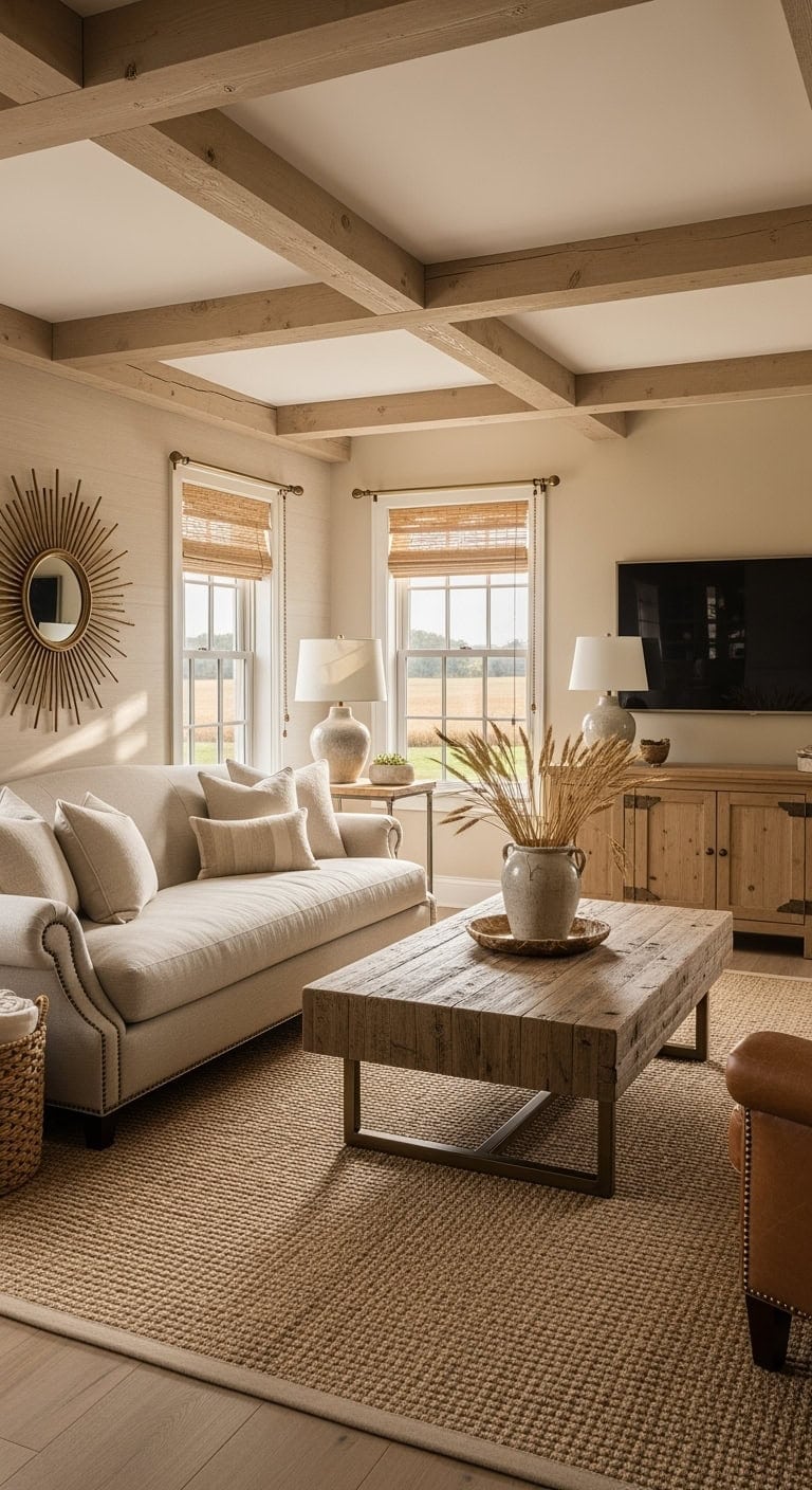 weathered beige farmhouse with gold accents