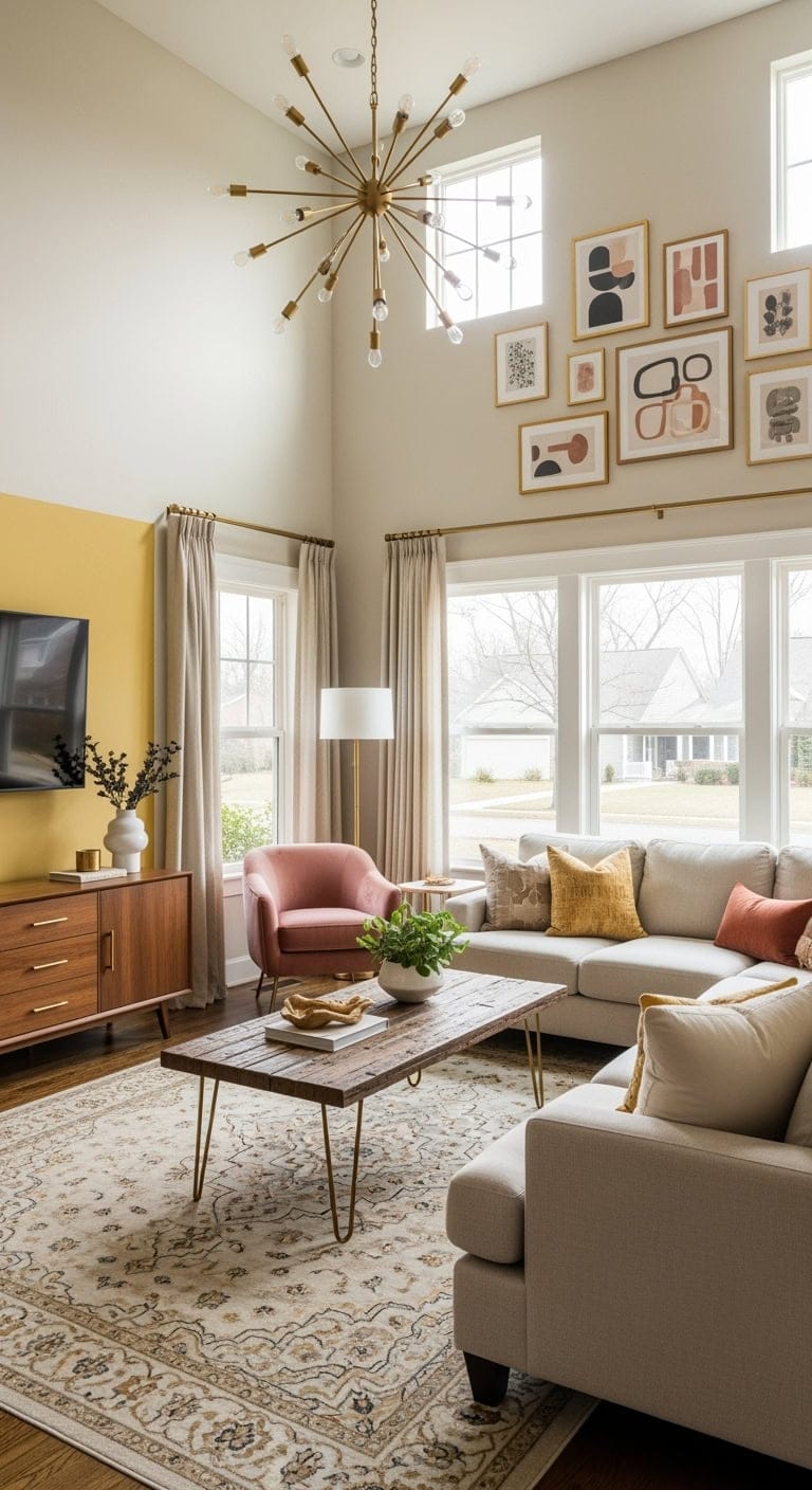 eclectic beige room with gold accents