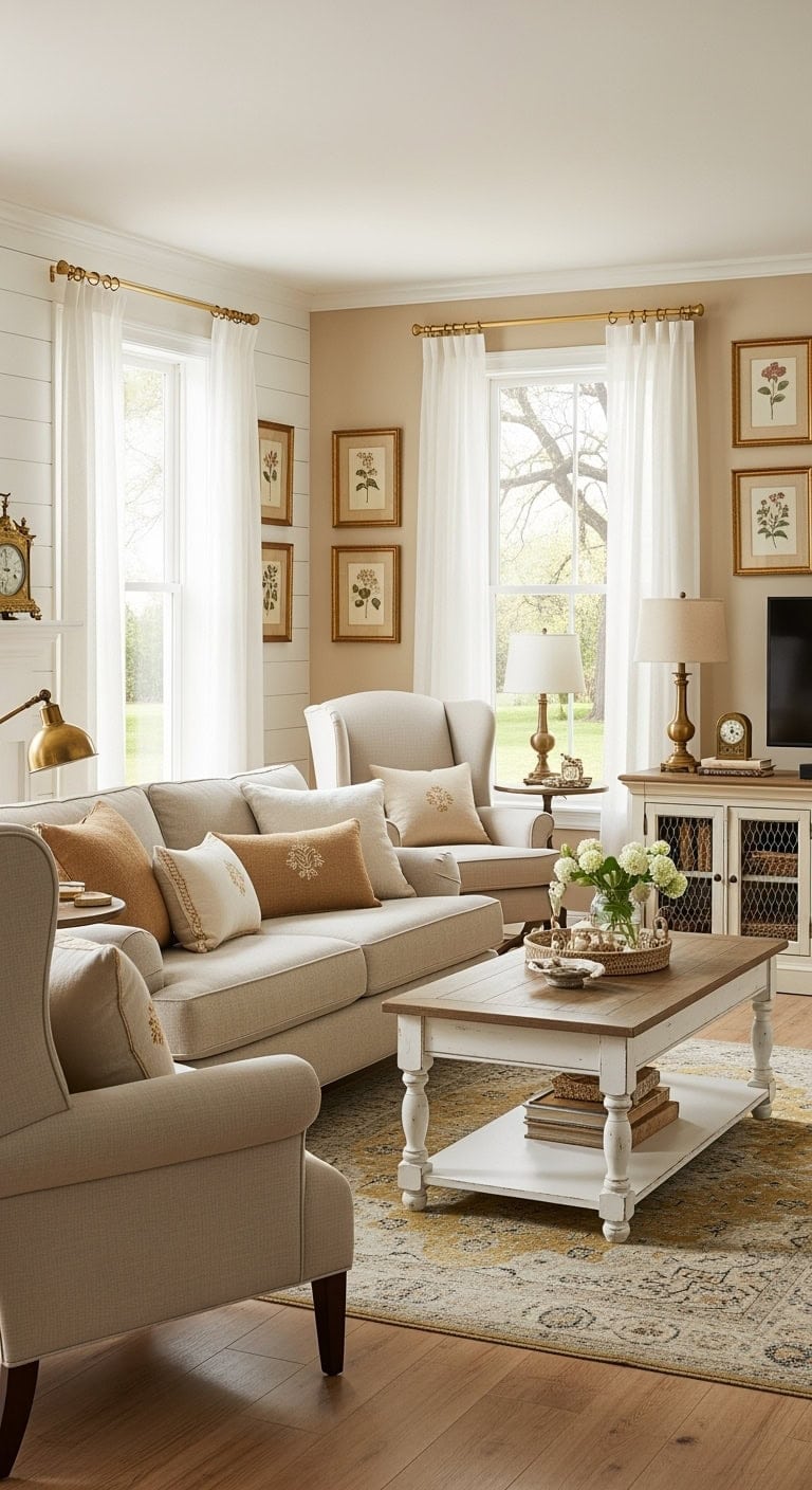 cozy beige cottage with gold accents