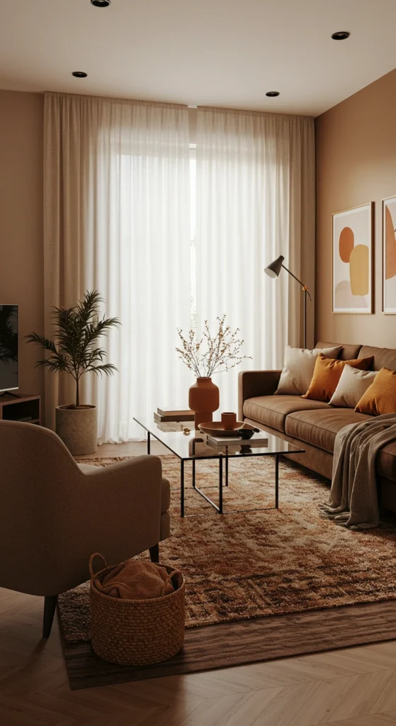 Earth-toned throw pillows and rugs