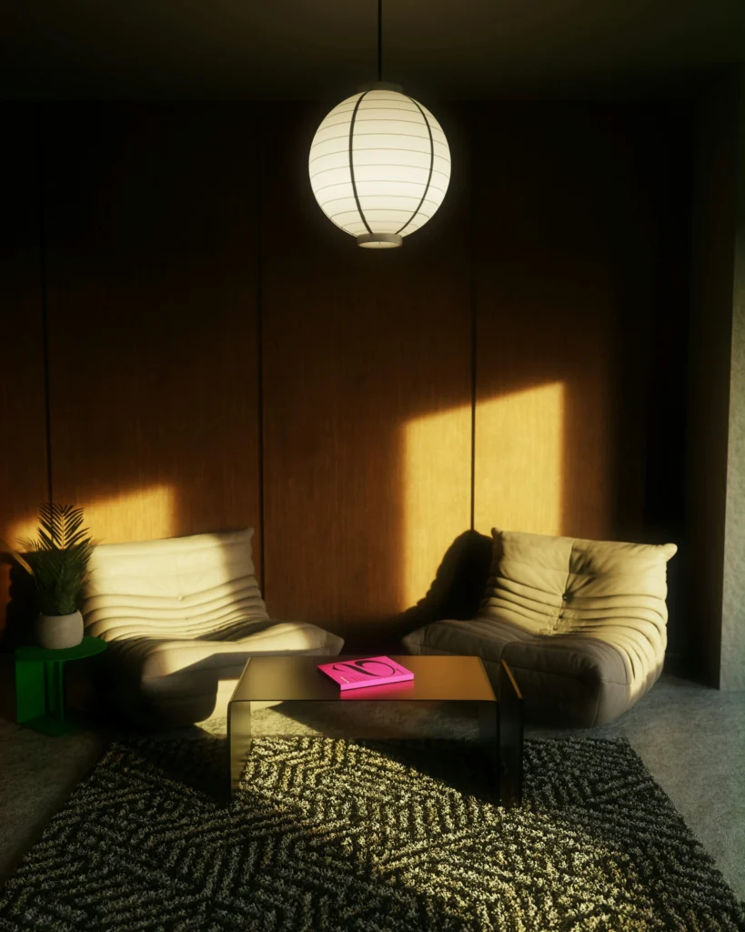 Living room with bold rug and artwork