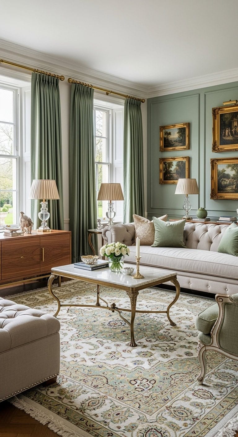 traditional sage silk living room