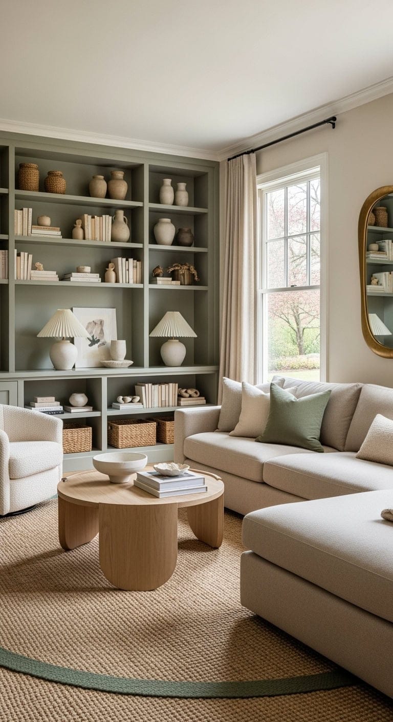 sage built-in shelving with beige sofa